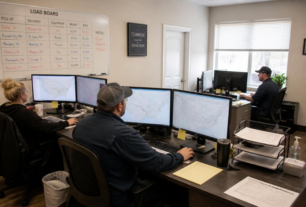 Mesa Line dispatchers working the load board in the Rialto office
