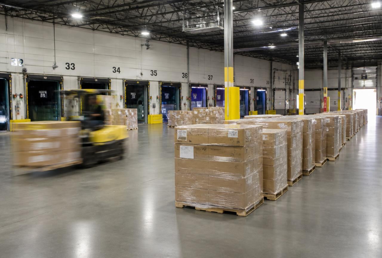 Palletised freight staged at a cross-dock